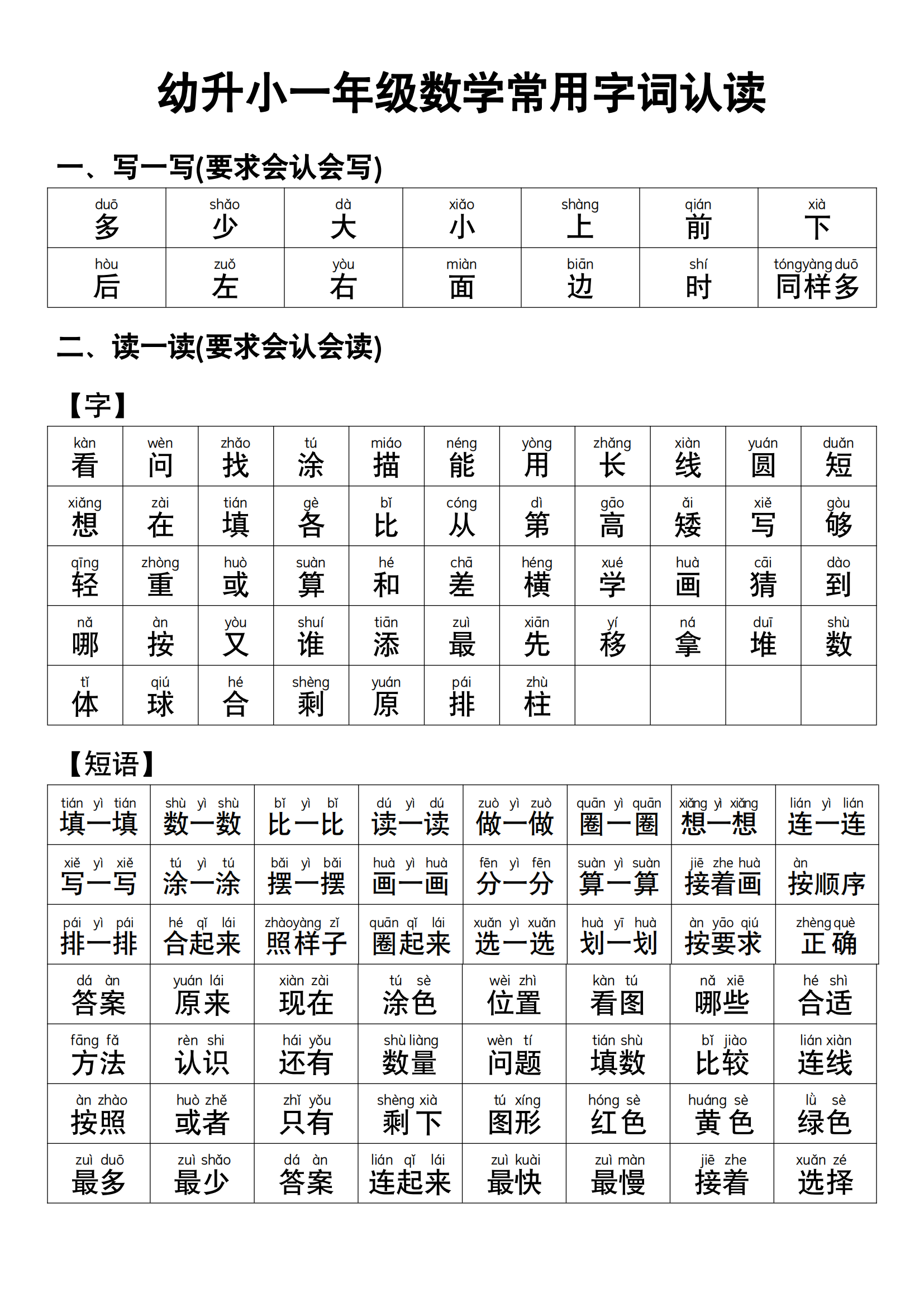 【识字】幼小衔接一年级数学 常用字词认读表